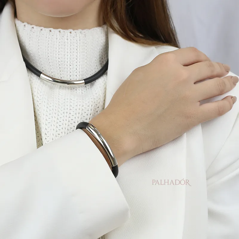 COLAR CHOKER COURO TUBO RÓDIO BRANCO